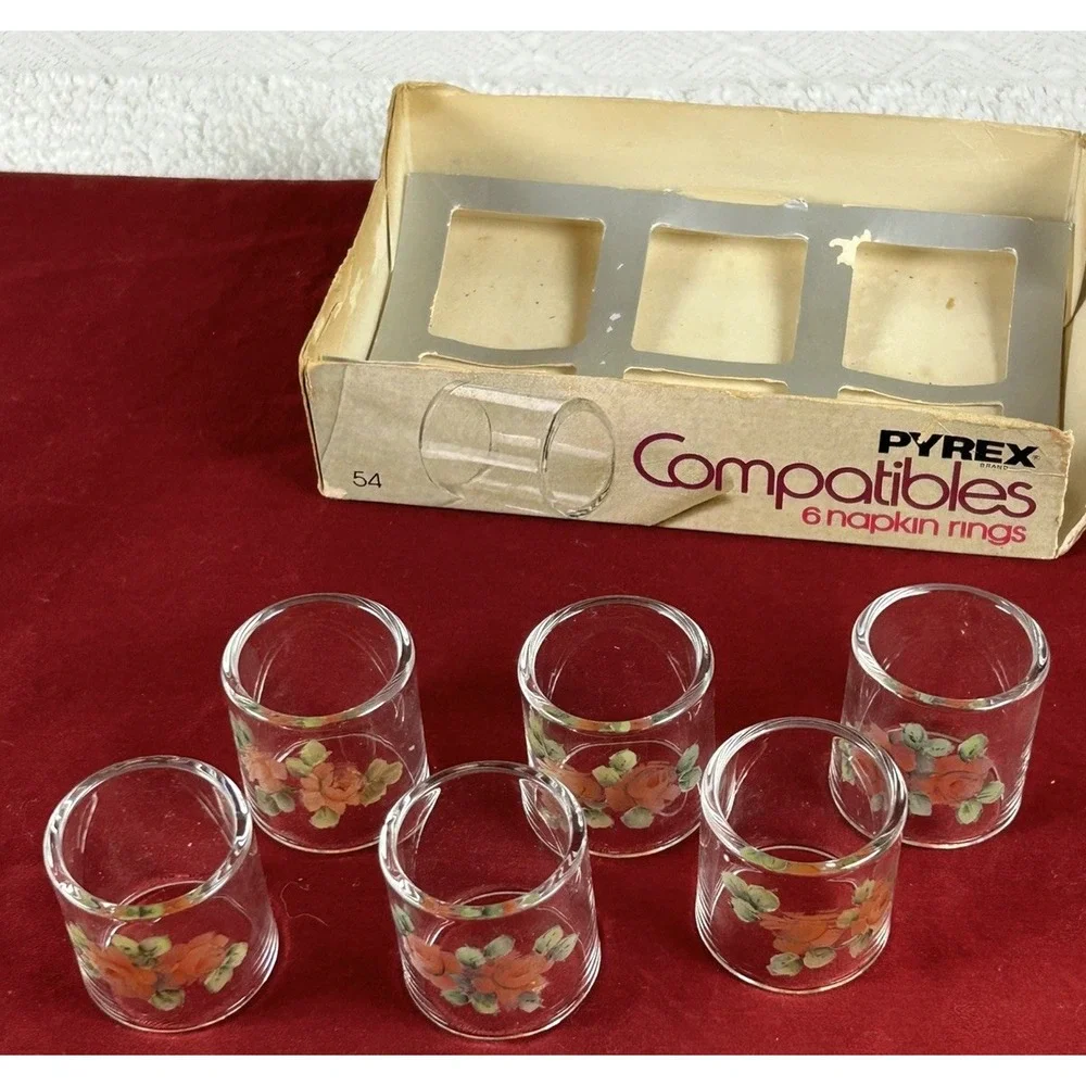 Vtg (6) Pyrex Compatibles Clear Glass 54 Napkin Rings Rose Pattern Original